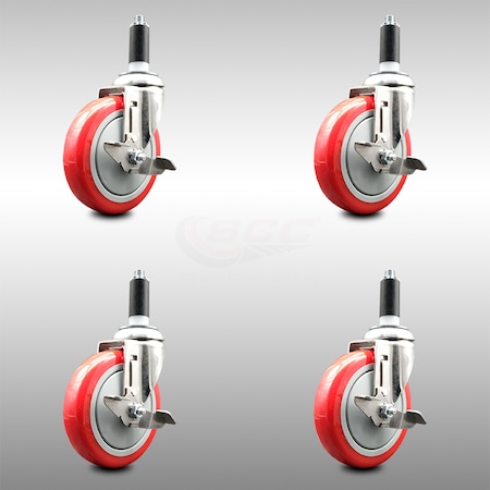 Service Caster 5 Inch 316SS Red Poly Swivel 1 Inch Expanding Stem Caster Set Brake SCC SCC-SS316EX20S514-PPUB-RED-TLB-1-4
